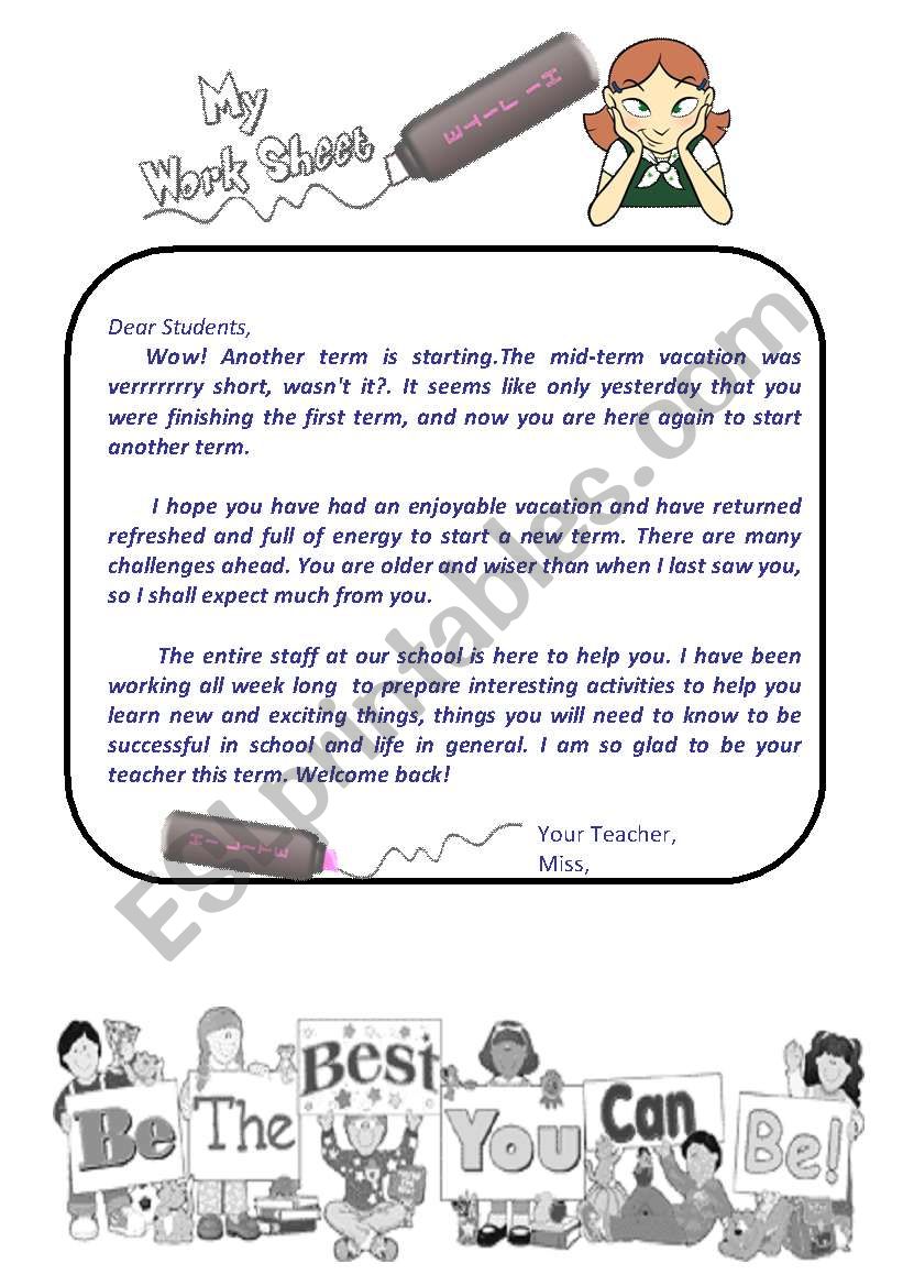 a welcoming letter from teacher to her students