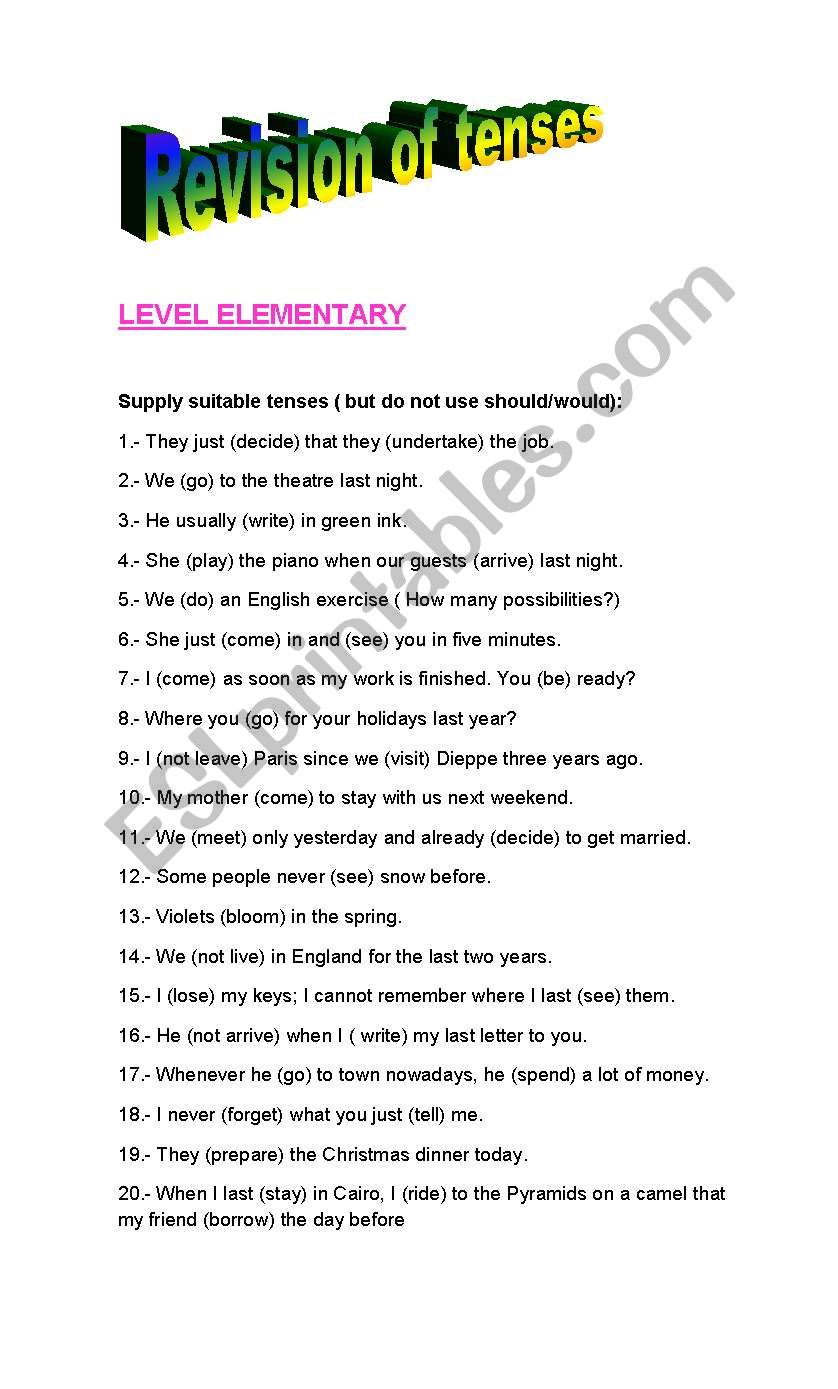 REVISION OF TENSES - ELEMENTARY LEVEL