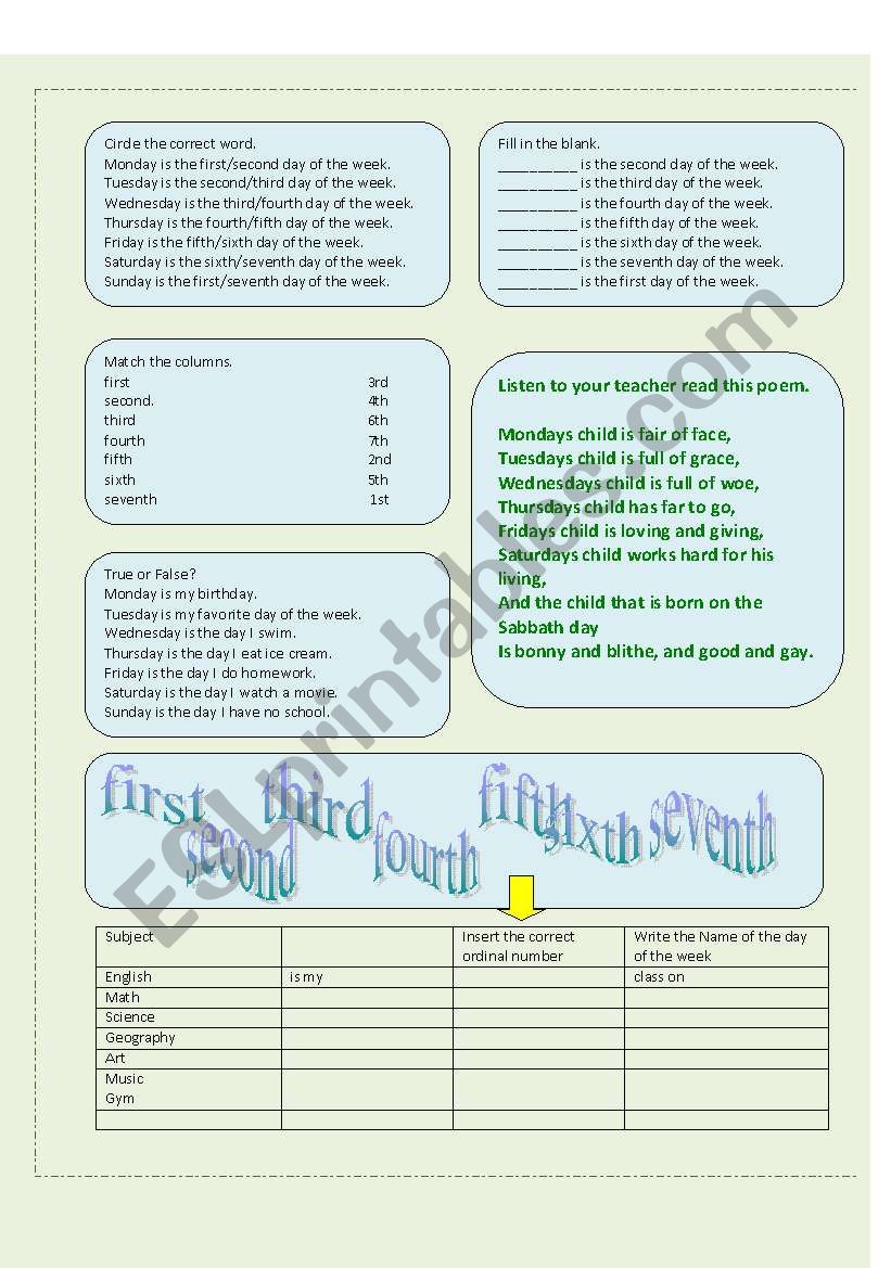 Exercises For Bill Martin Jr S Picturebook Poem Monday Monday I Like Monday Esl Worksheet By Redcamarocruiser