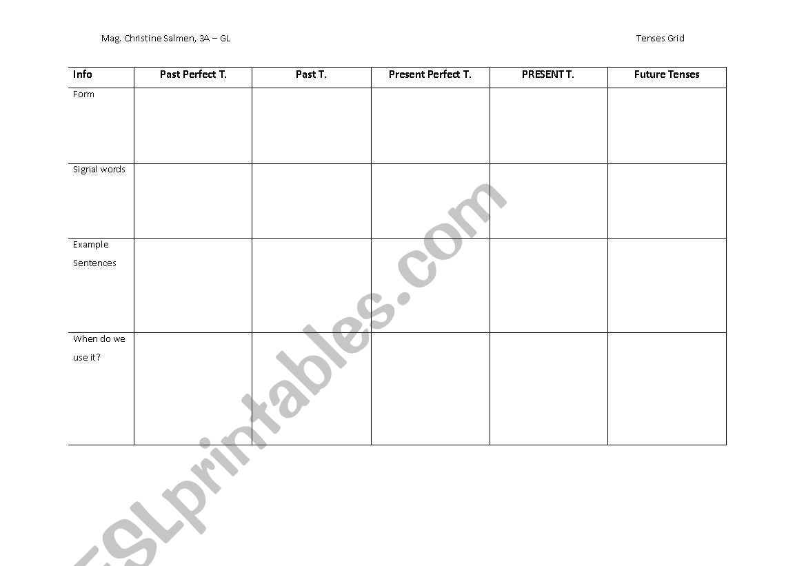 Tenses Grid worksheet