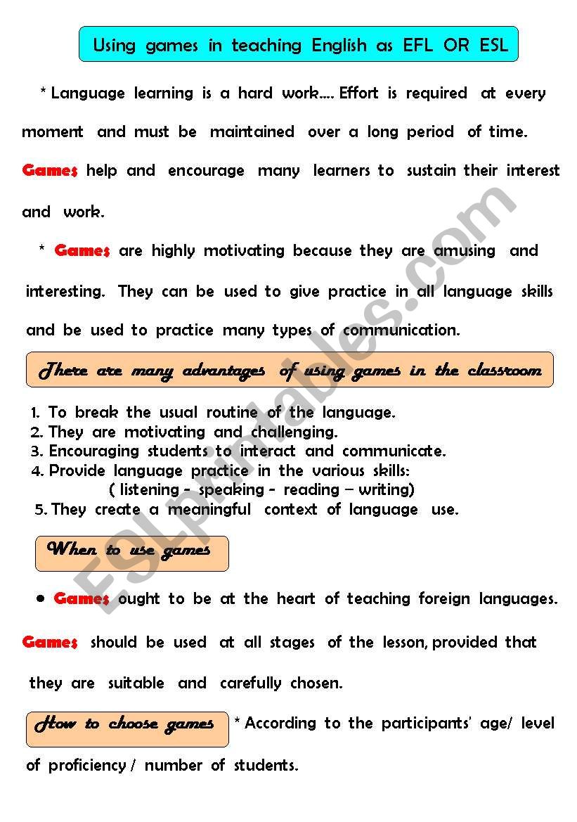 using  games in esl/efl worksheet