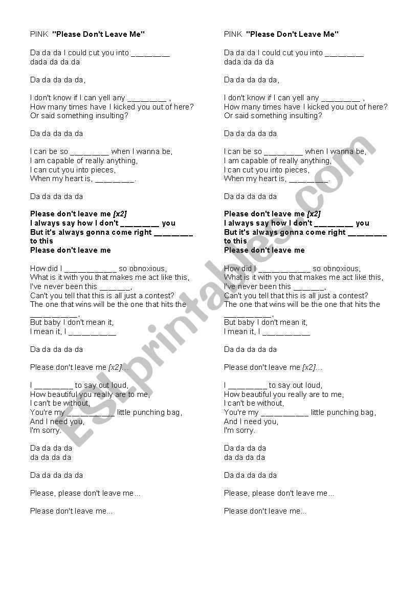 Pink - Please dont leave me worksheet