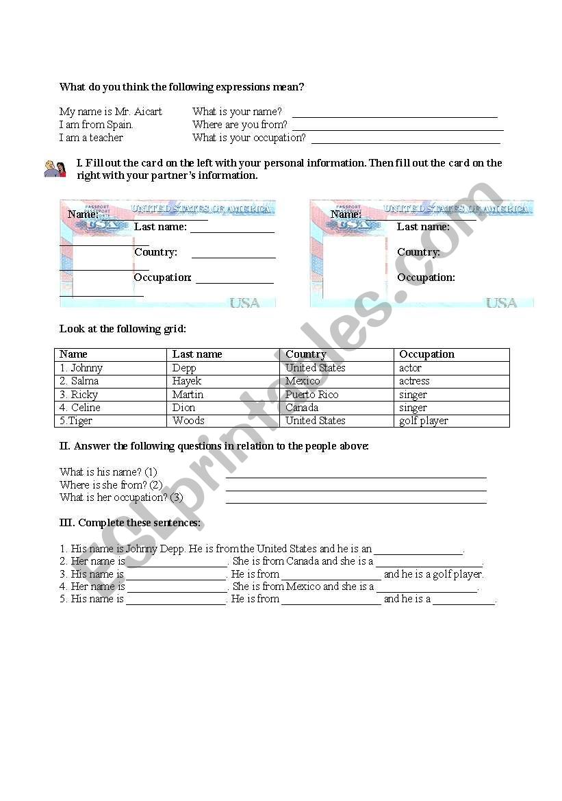 Giving personal information worksheet