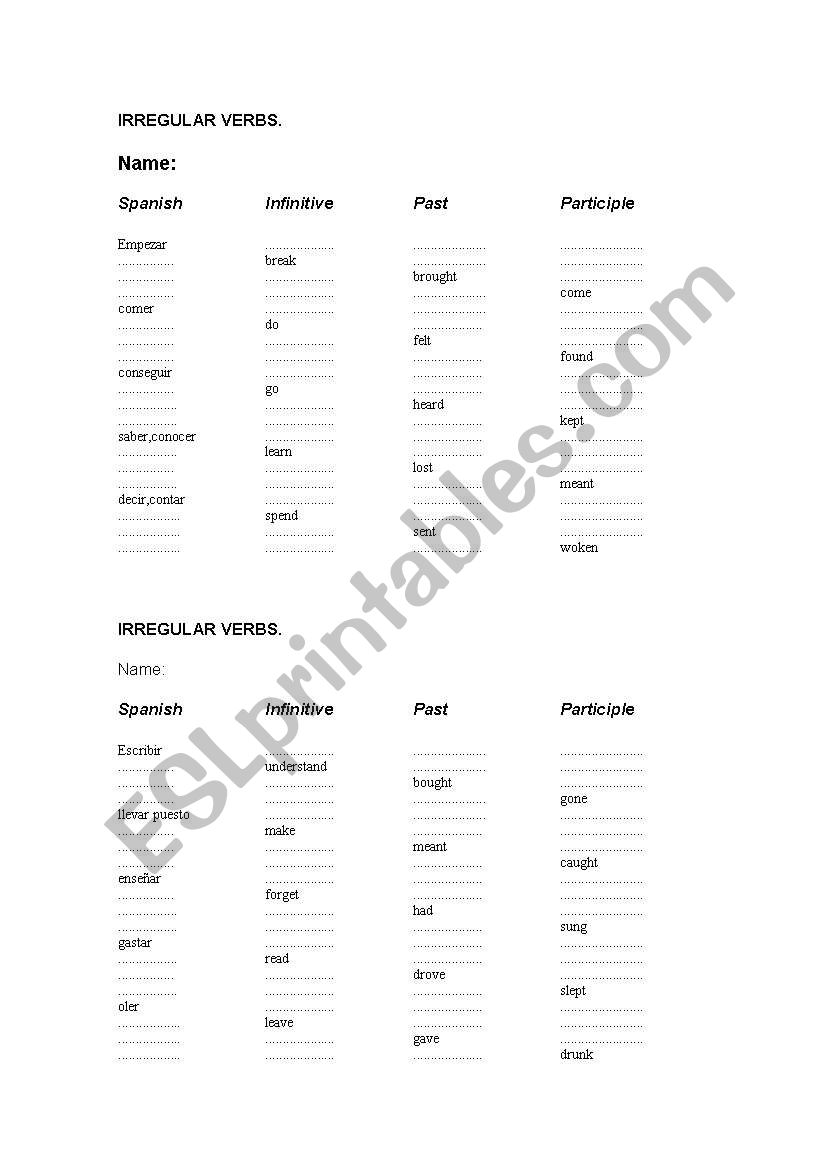 test on irregular verbs worksheet