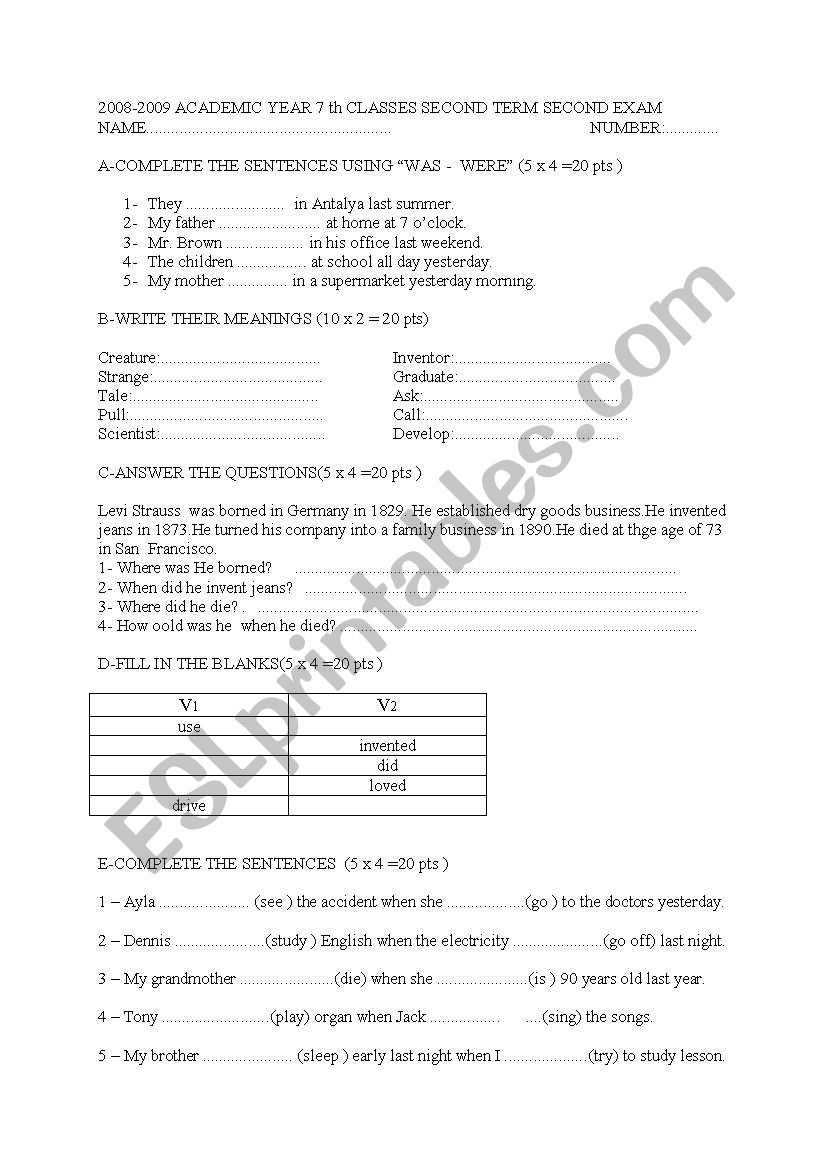 exam for 7th classes worksheet