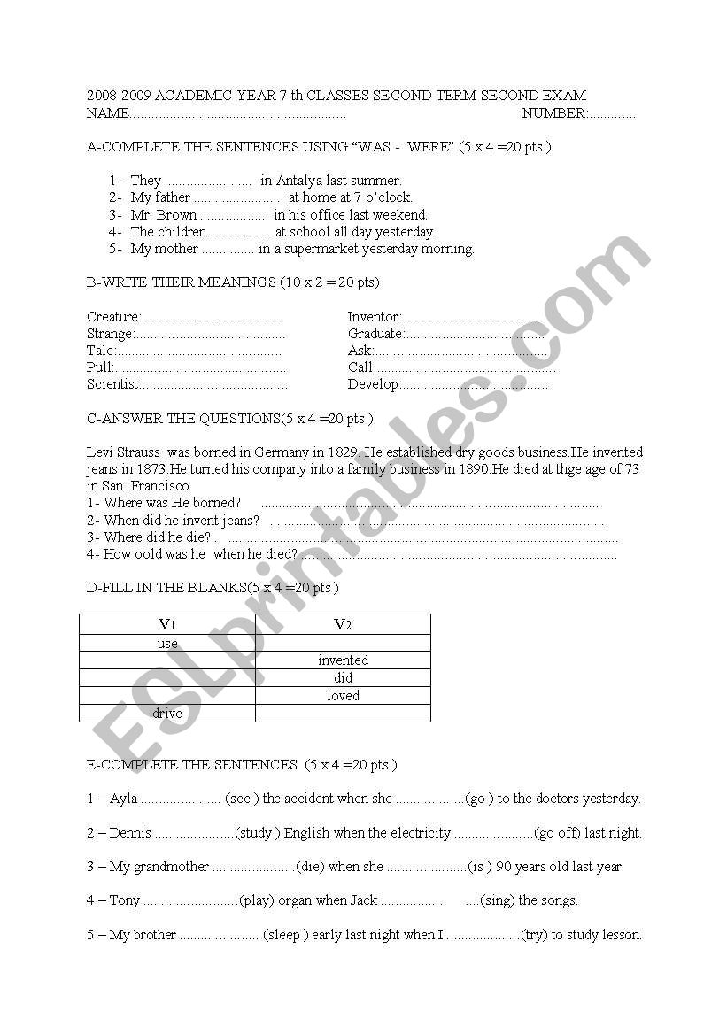 exam for 7th classes worksheet