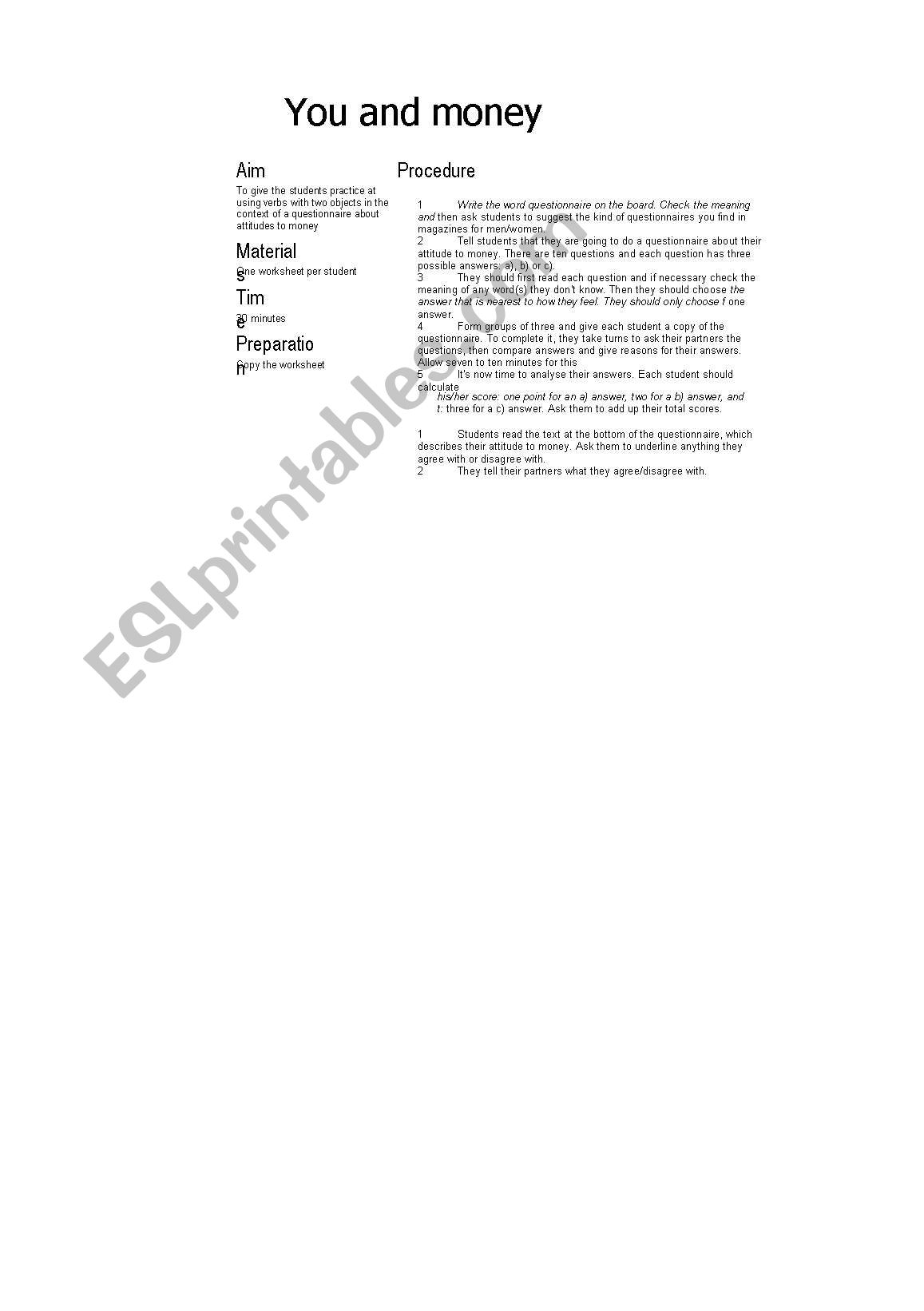 You and Money worksheet