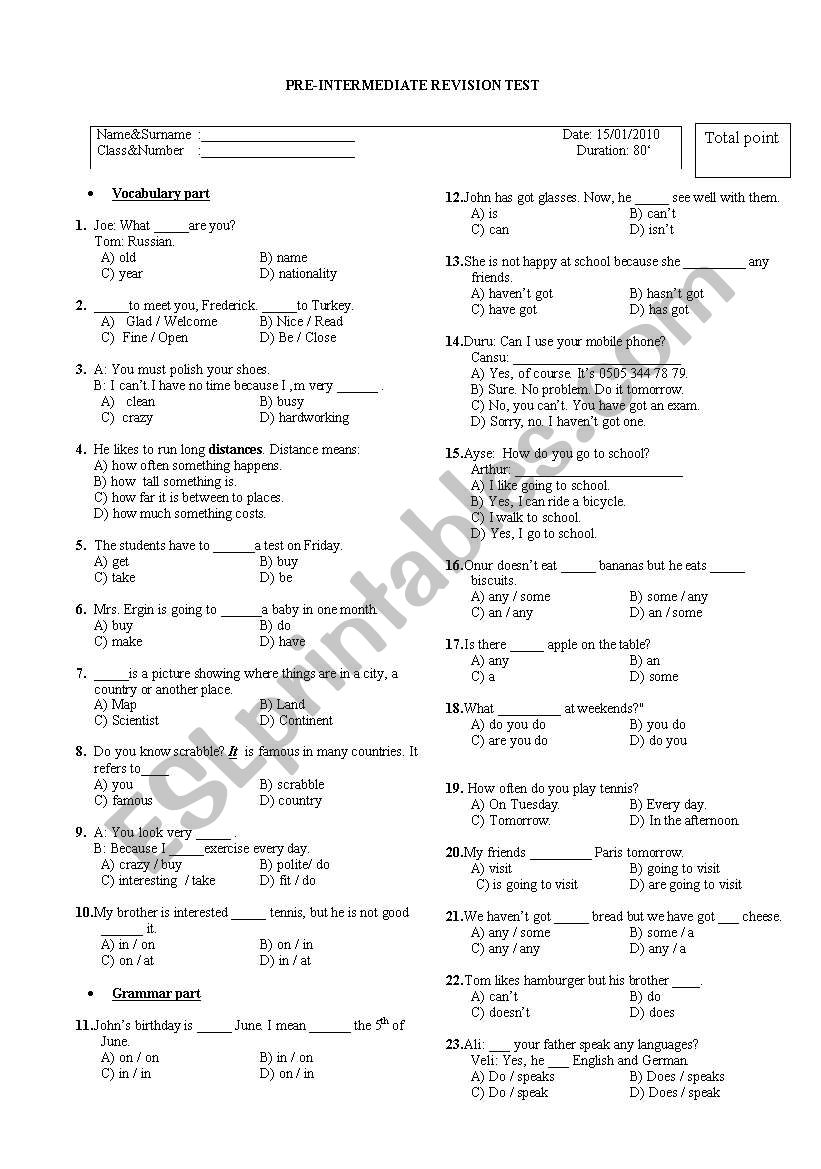 grammar test with multiple choise for pre-intermediate(100 question)