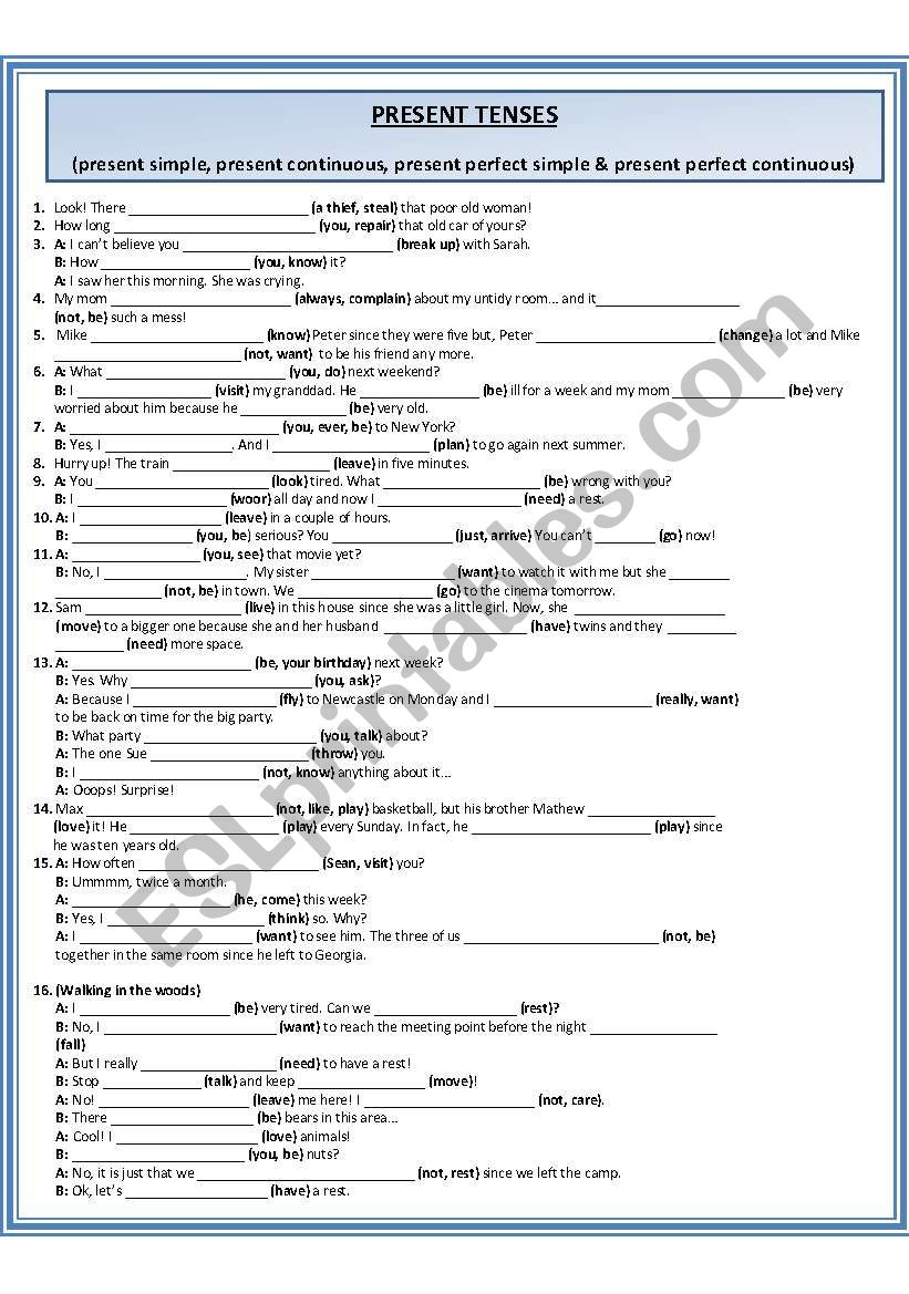 All Present Tenses Worksheet