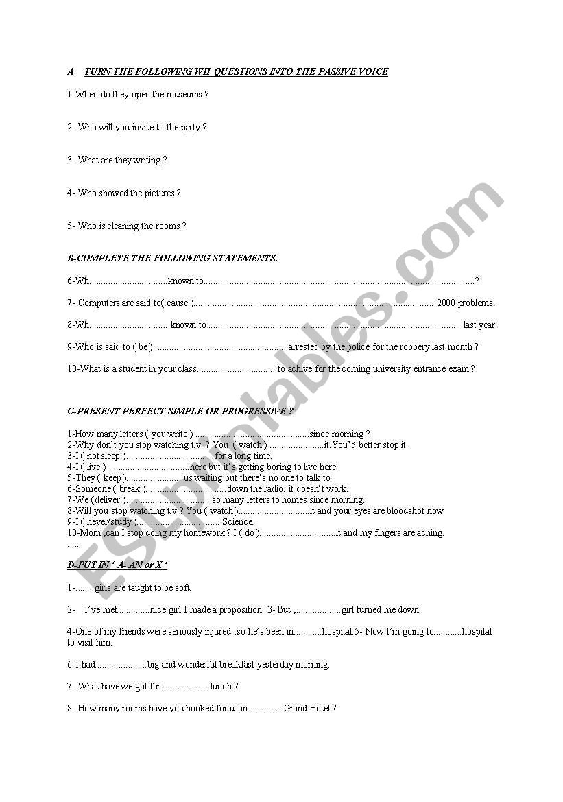 A worksheet with mixed grammar topics2