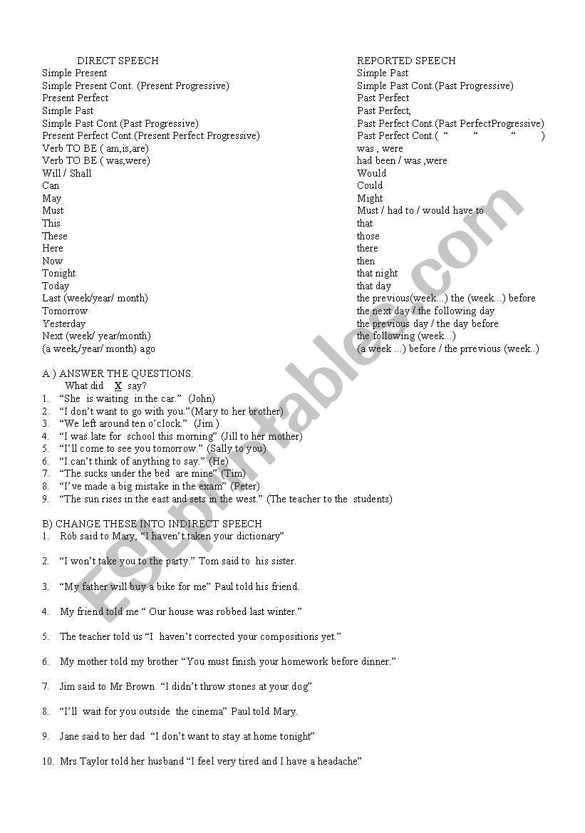 REPORTED SPEECH  worksheet