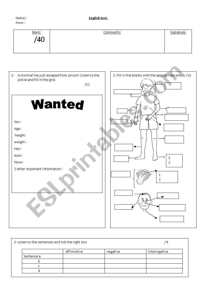 test  physical description worksheet