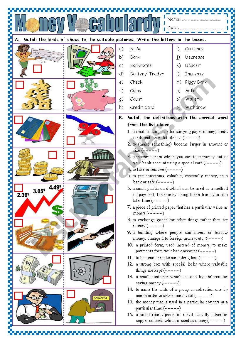 Money Vocabulary (part 1) worksheet