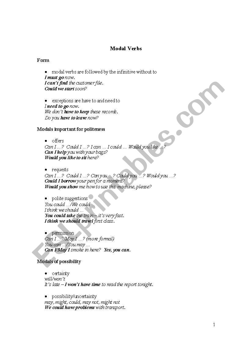 Pre-Intermediate Modals worksheet