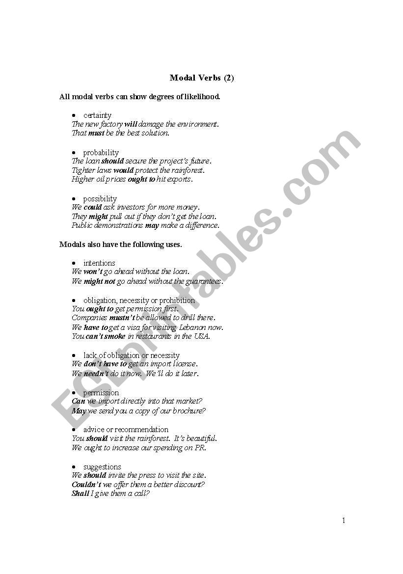 Intermediate Modals worksheet