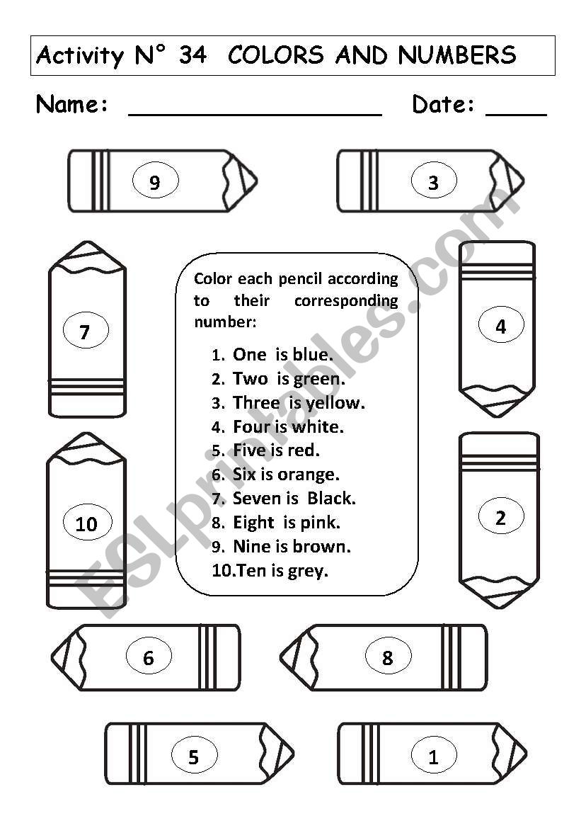 COLORS AND NUMBERS worksheet