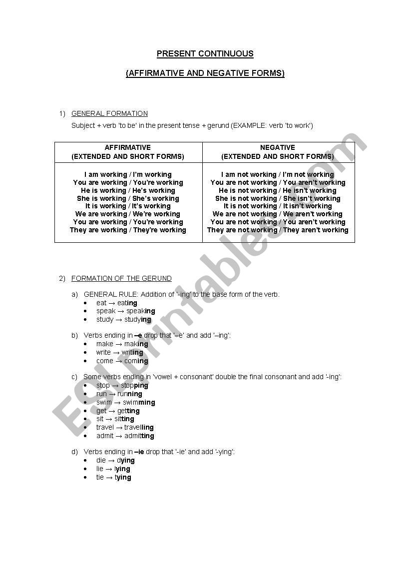 Present Continuous (affirmative, negative and interrogative)