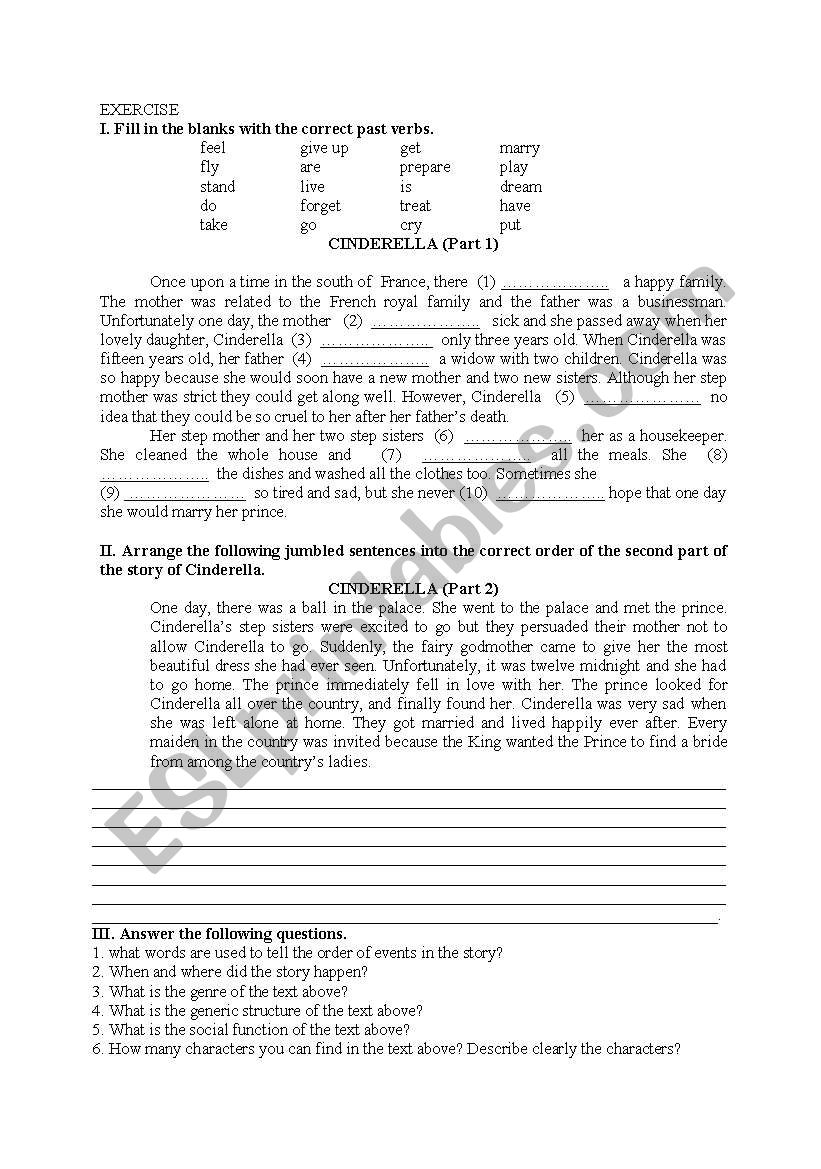 narrative text cinderrella worksheet