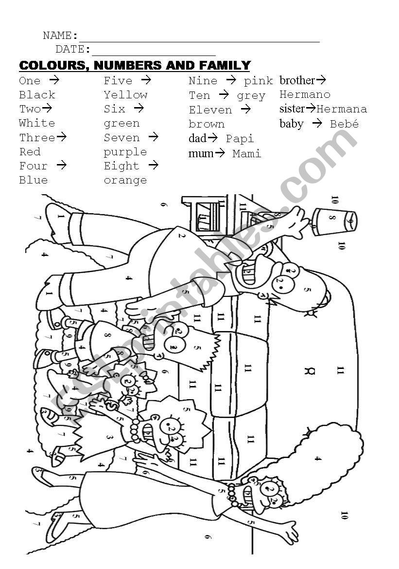 numbers, colours and Simpsons worksheet