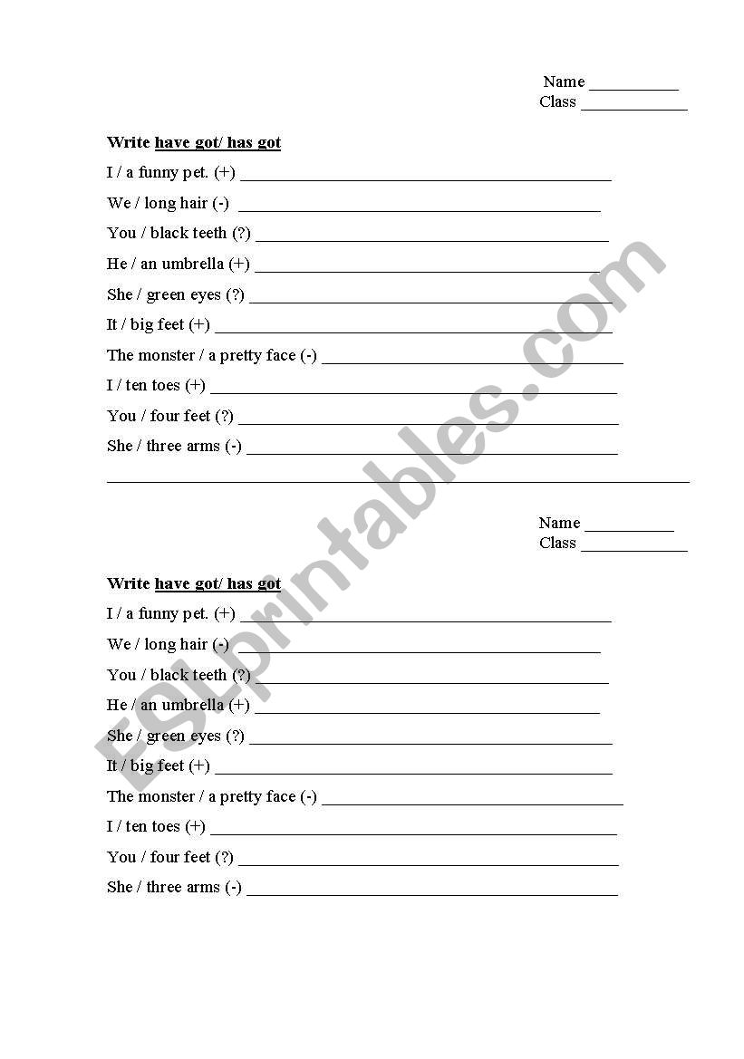 Have got/has got worksheet