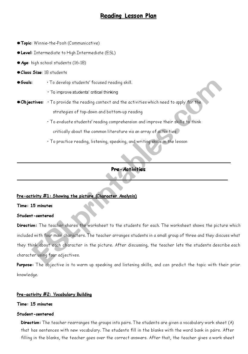 Reading Lesson Plan worksheet