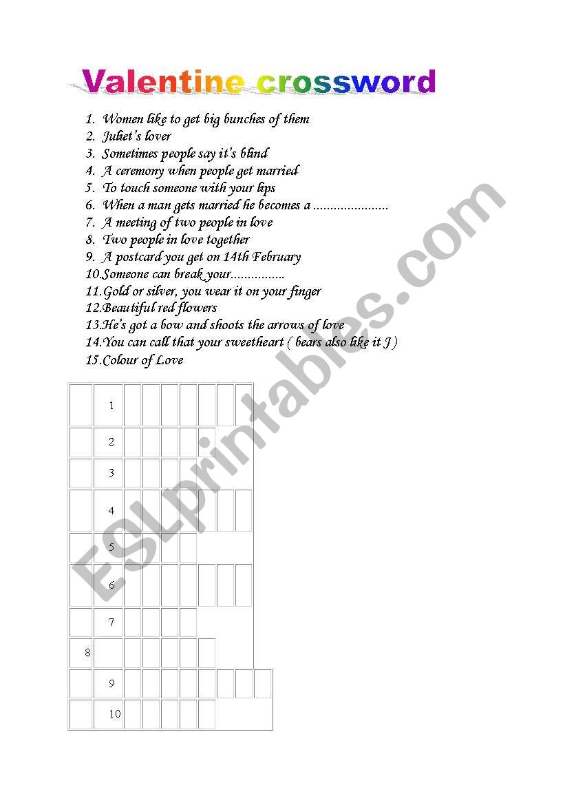 Valentine crossword worksheet
