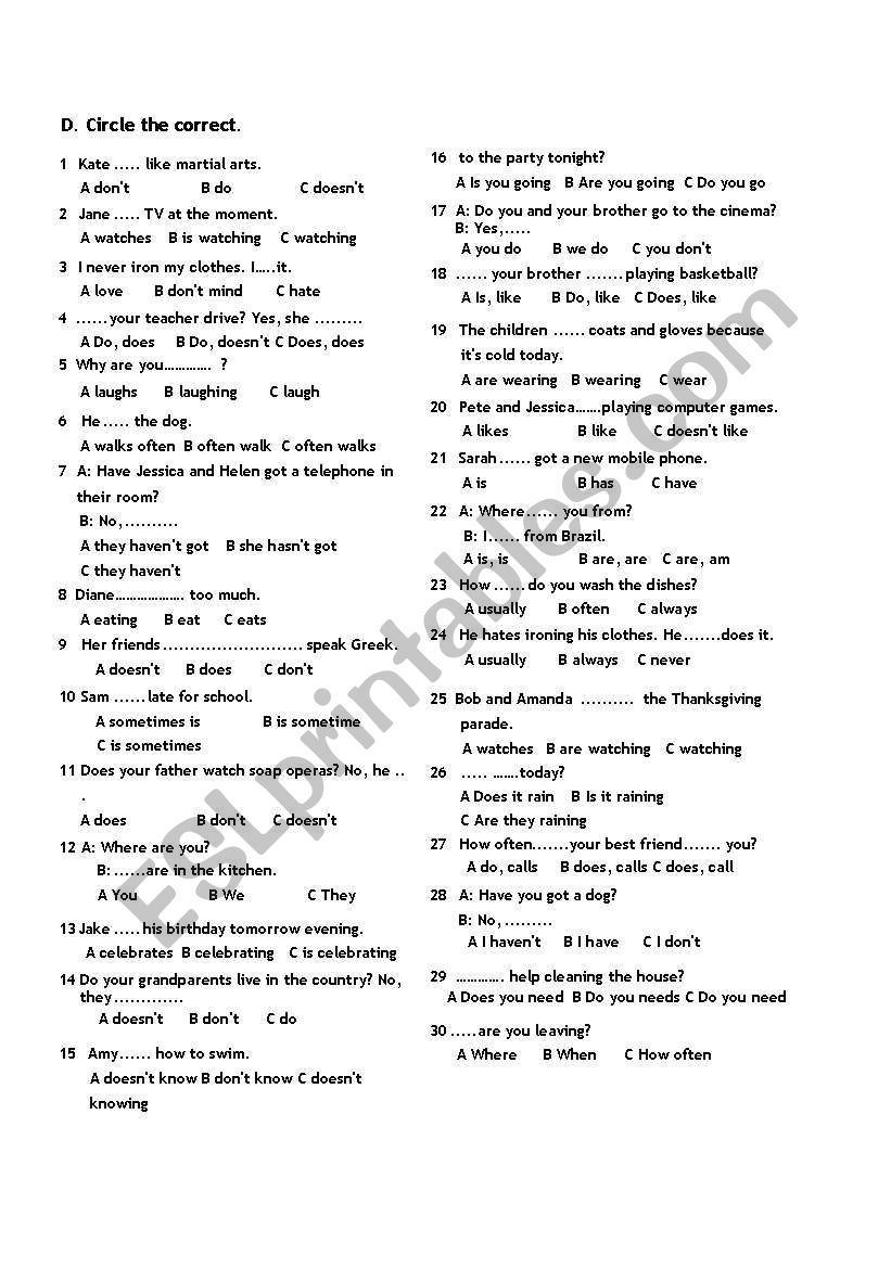 Grammar Test Simple Present or Present Continuous-ELEMENTARY-page 3 of 3