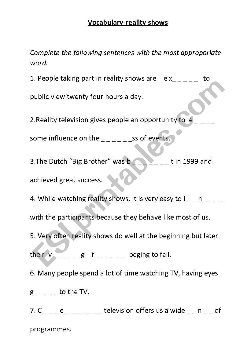 Reality shows-vocabulary worksheet
