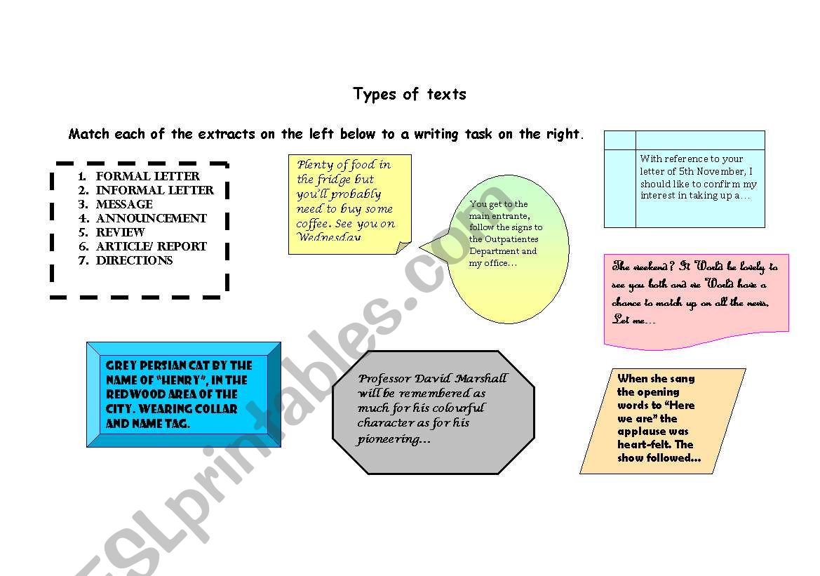 Types of texts worksheet