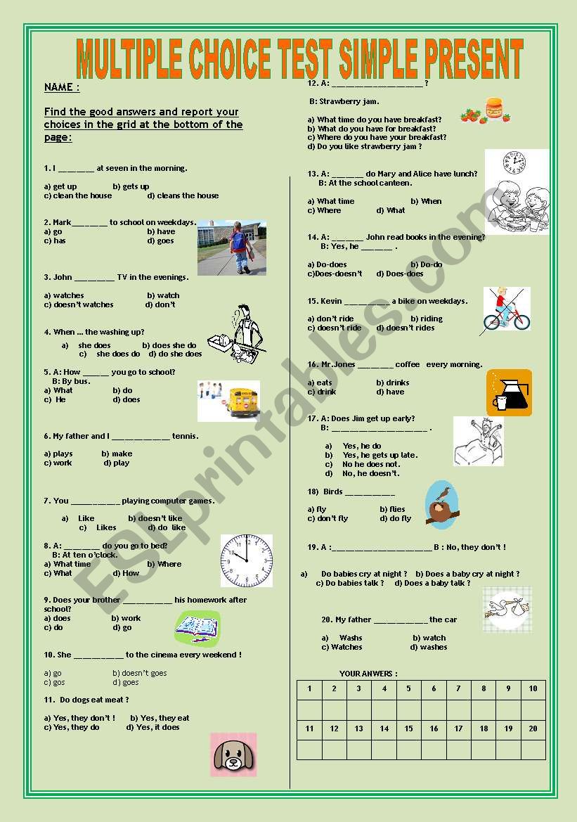 MULTIPLE CHOICE TEST SIMPLE PRESENT + KEY !