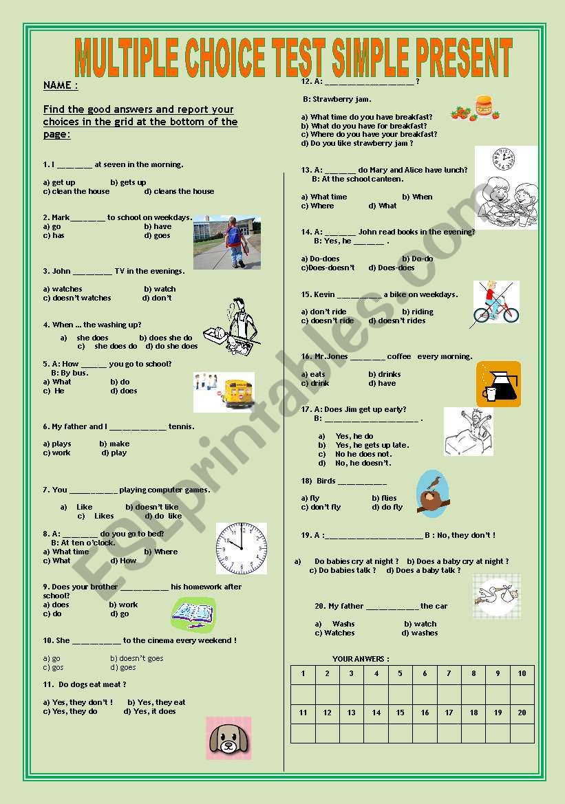 MULTIPLE CHOICE TEST SIMPLE PRESENT + KEY !