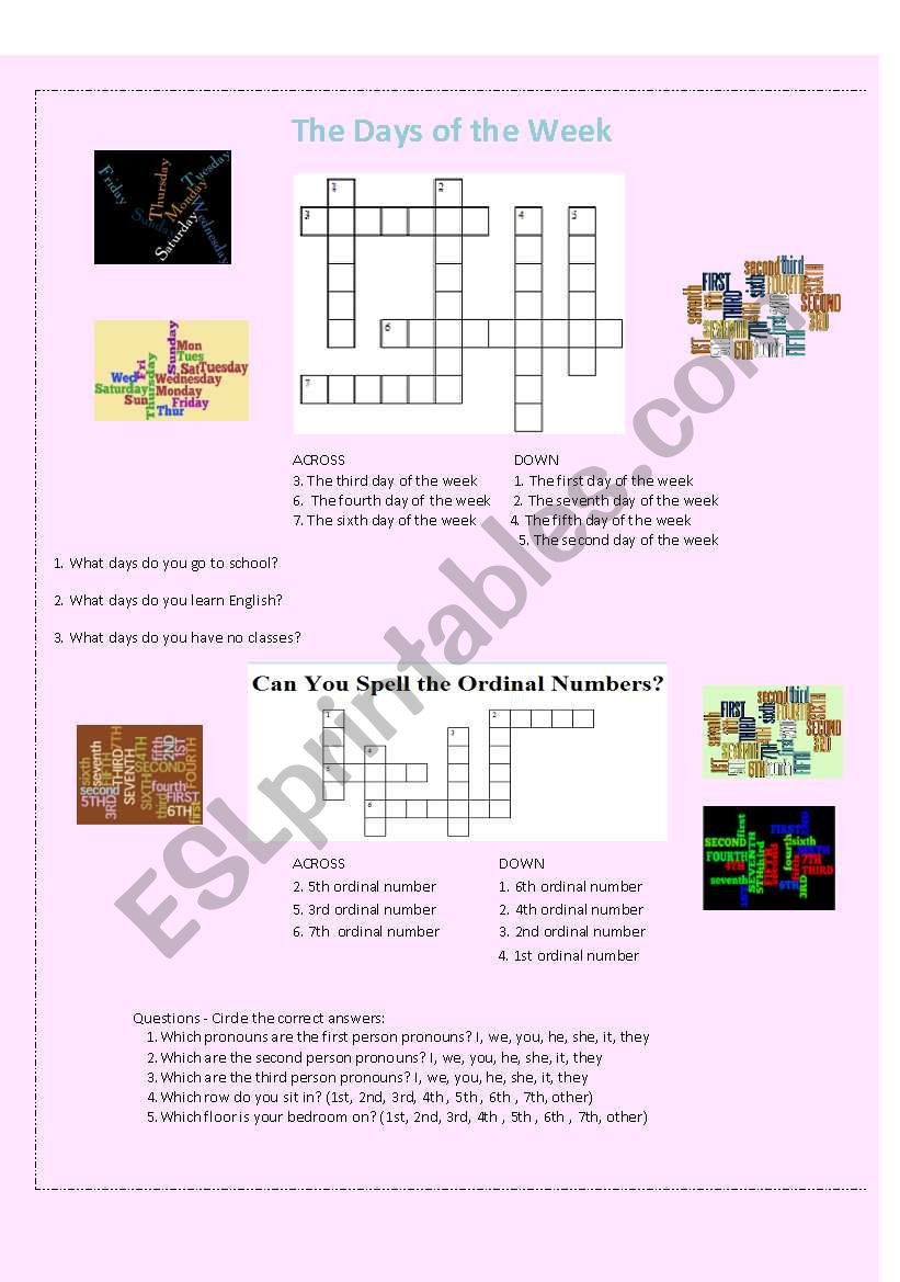 Crossword Puzzles ordinal numbers and days of the week