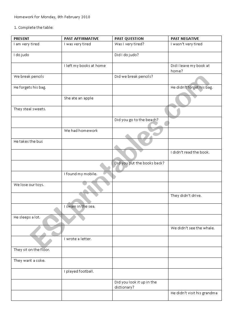 past simple forms worksheet