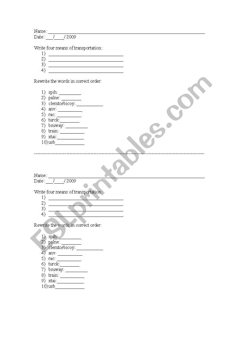 Means Of Transportation worksheet