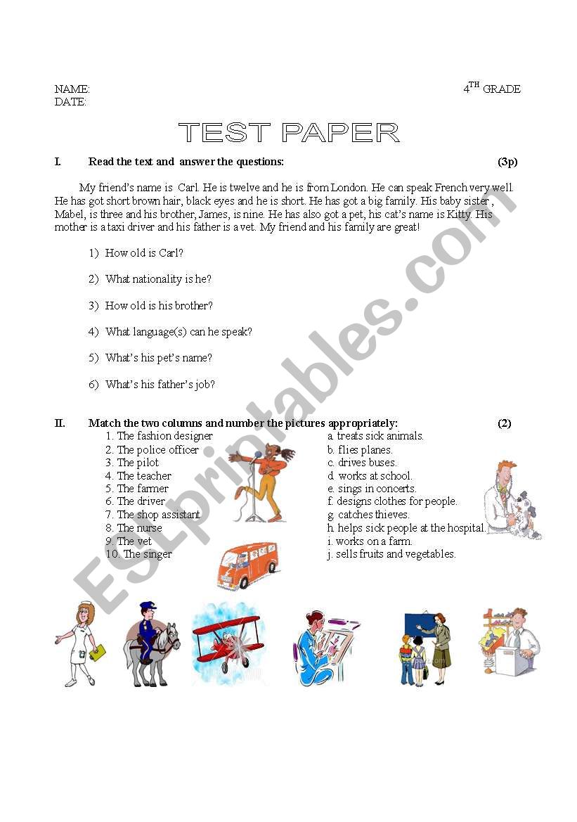 4th grade test worksheet