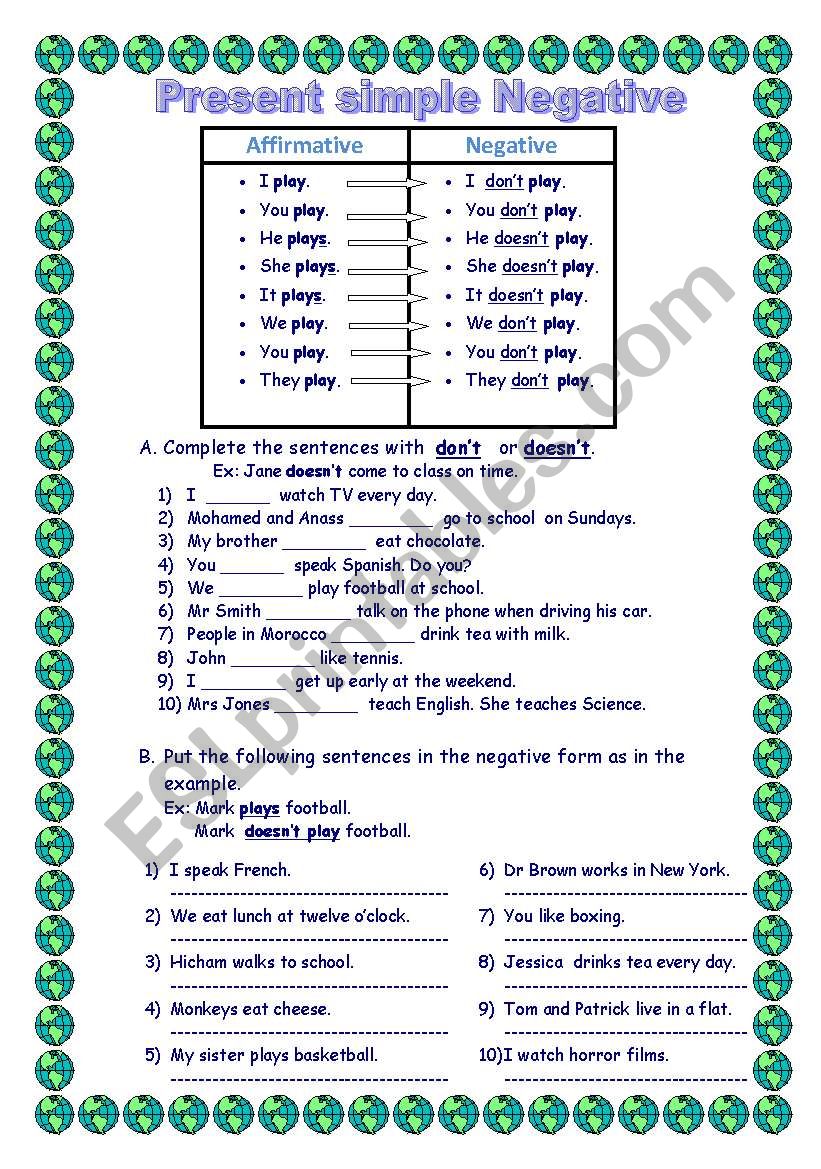Present Simple Negative forms worksheet