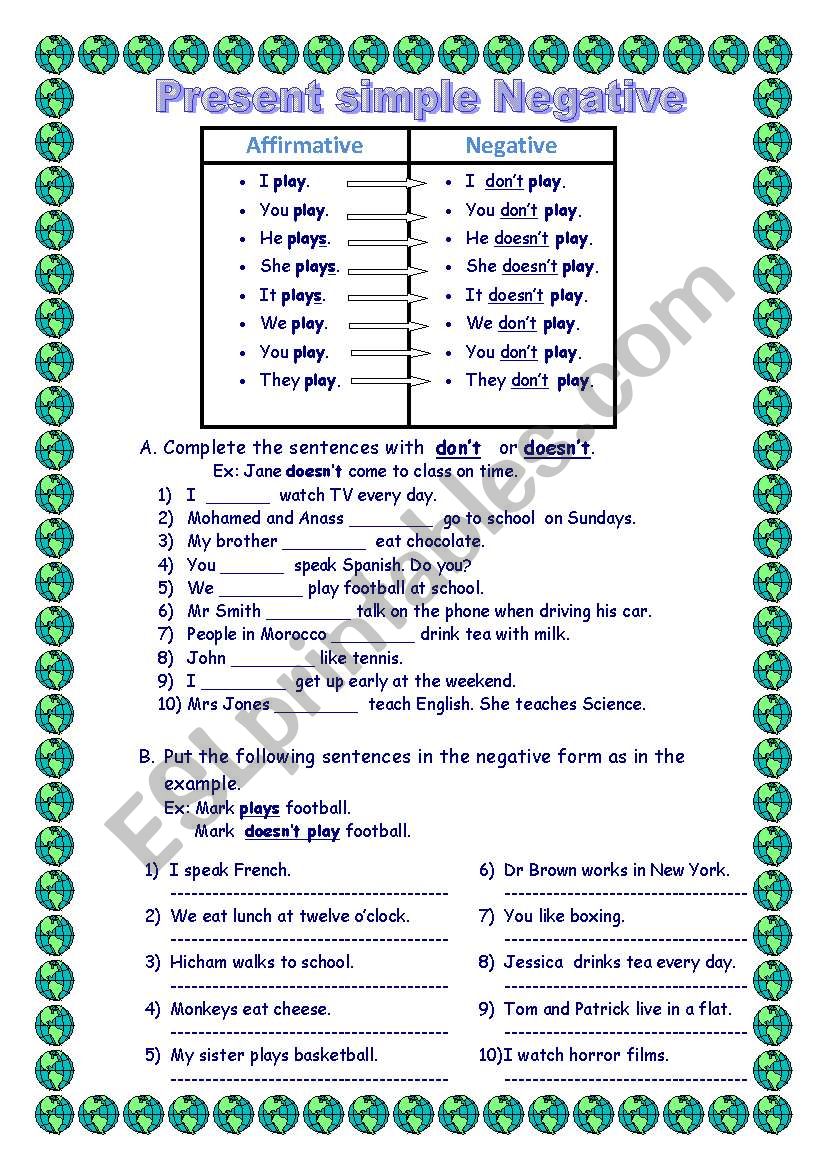 Present Simple Negative forms worksheet Present Simple Negative forms worksheet