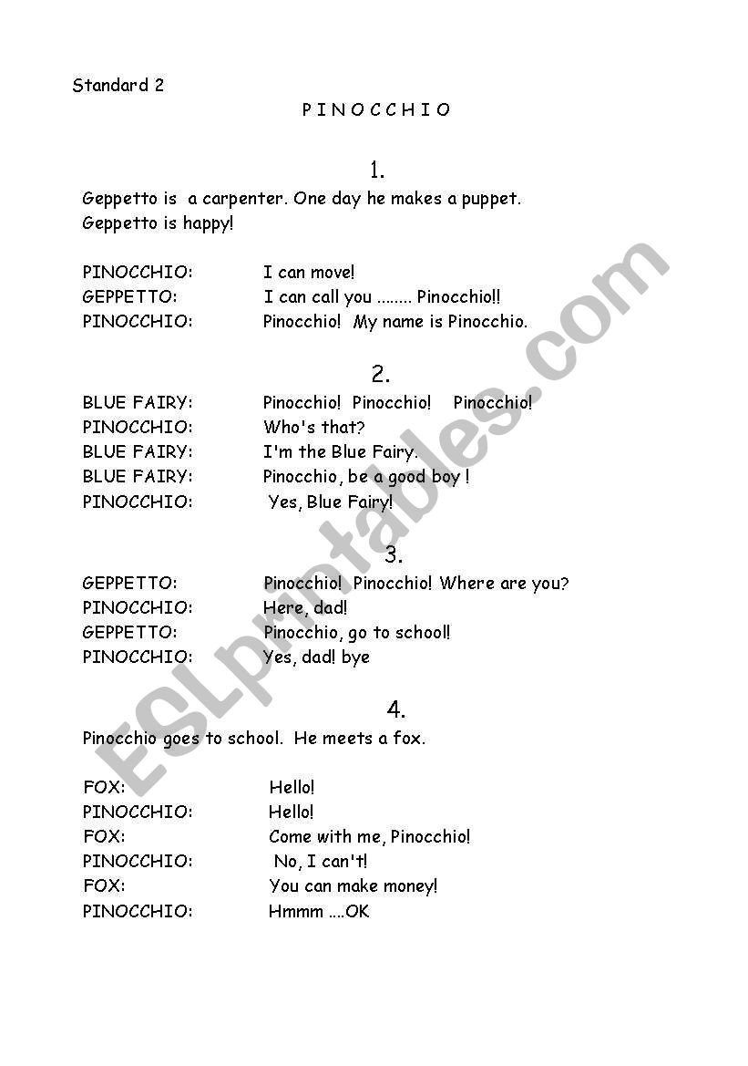 Pinnochio Playscript worksheet