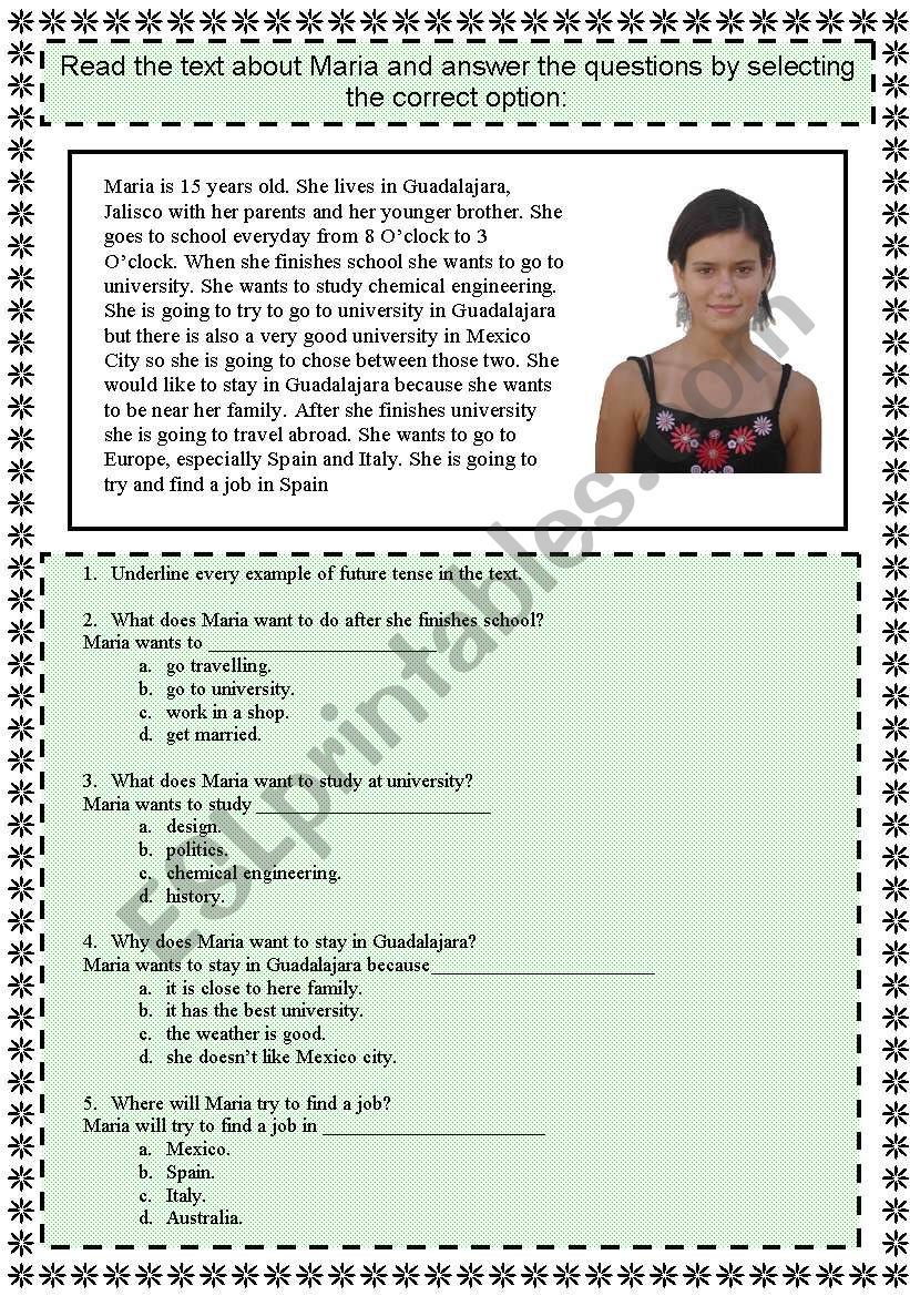 Reading Test with future tenses