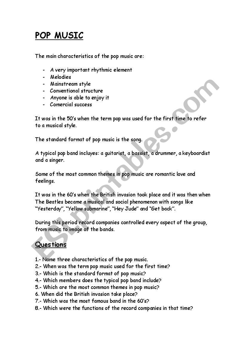 POP MUSIC worksheet