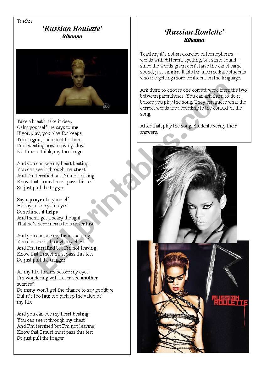 Rihanna - Russian Roulette - ESL worksheet by SophiaDiesel
