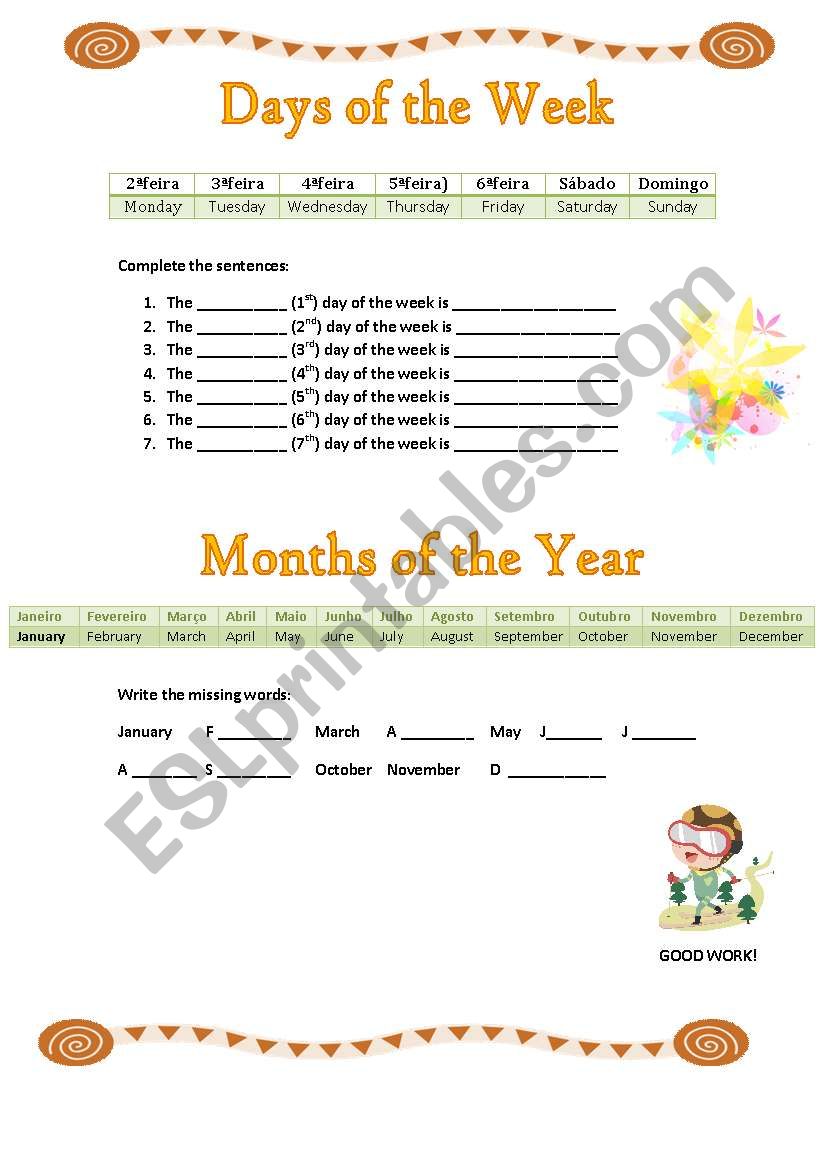 days of the week and months worksheet