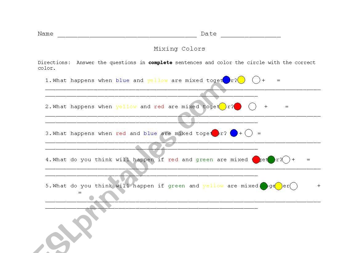 Mixing Colors worksheet