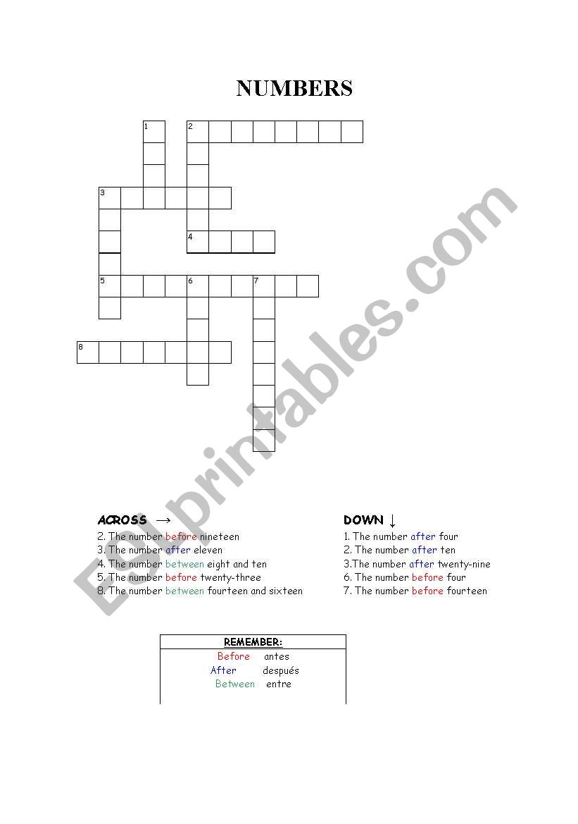 Numbers crossword worksheet