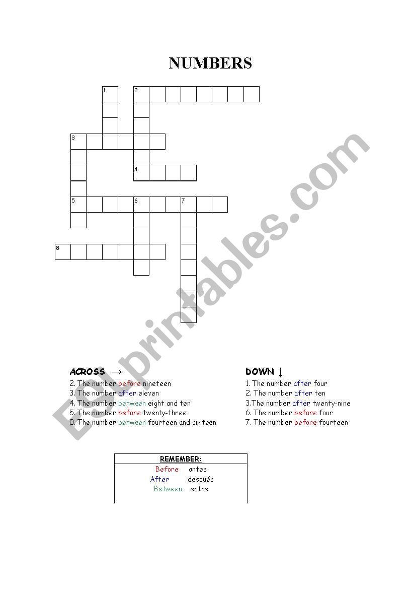 Numbers crossword worksheet