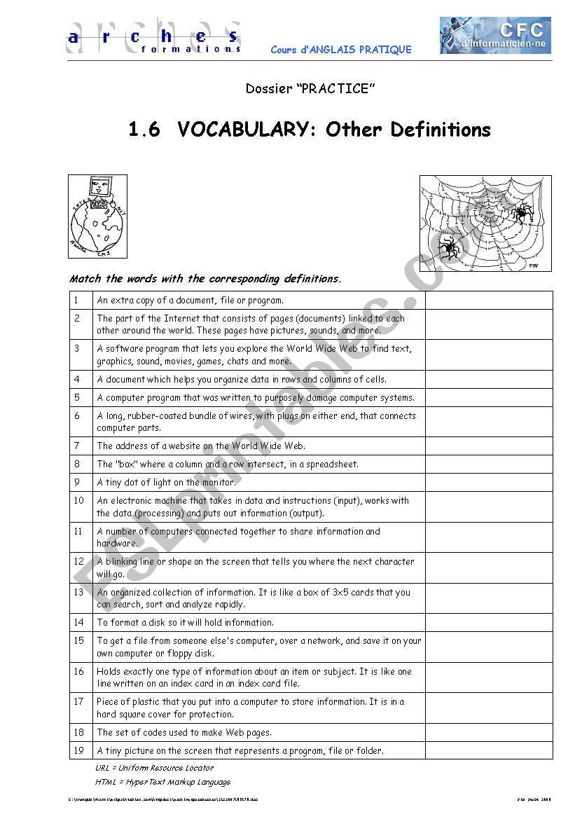 Computing Definitions worksheet