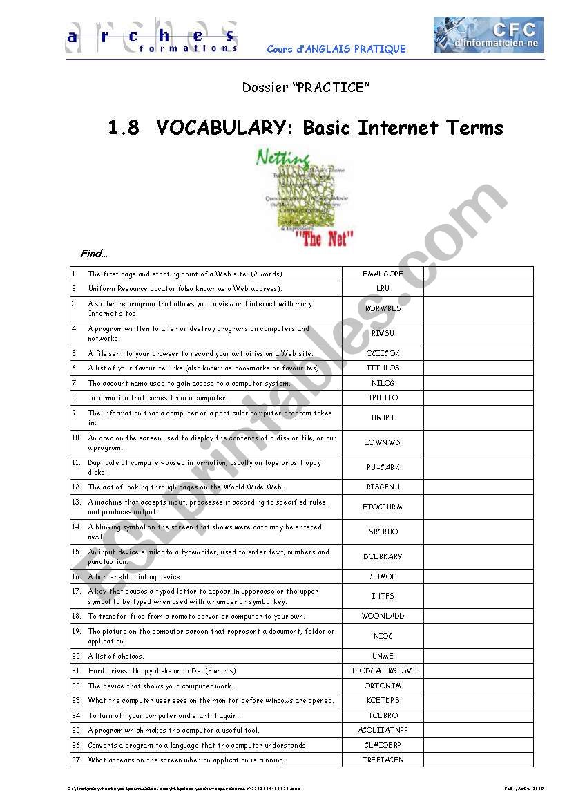 Basic Internet Terms worksheet