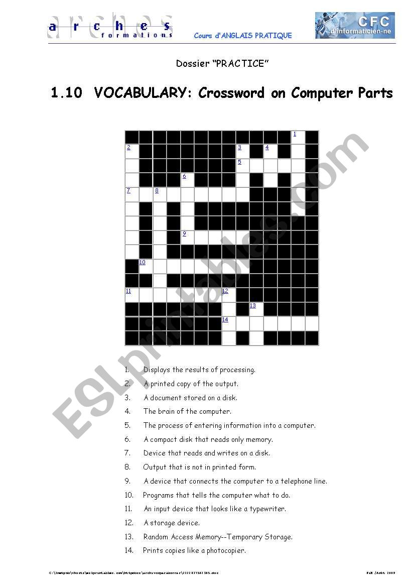 Crossword: computer parts worksheet