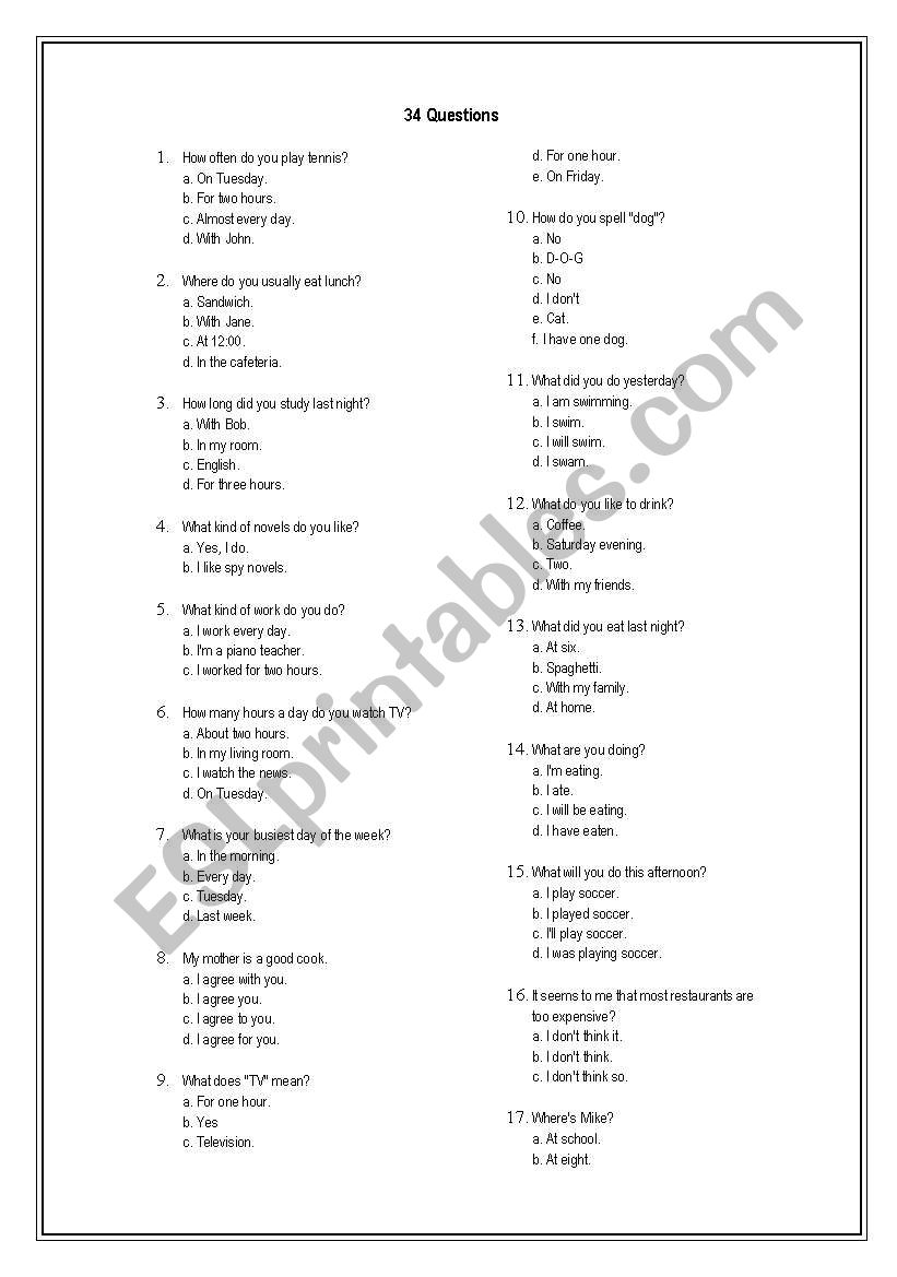 34 questions worksheet