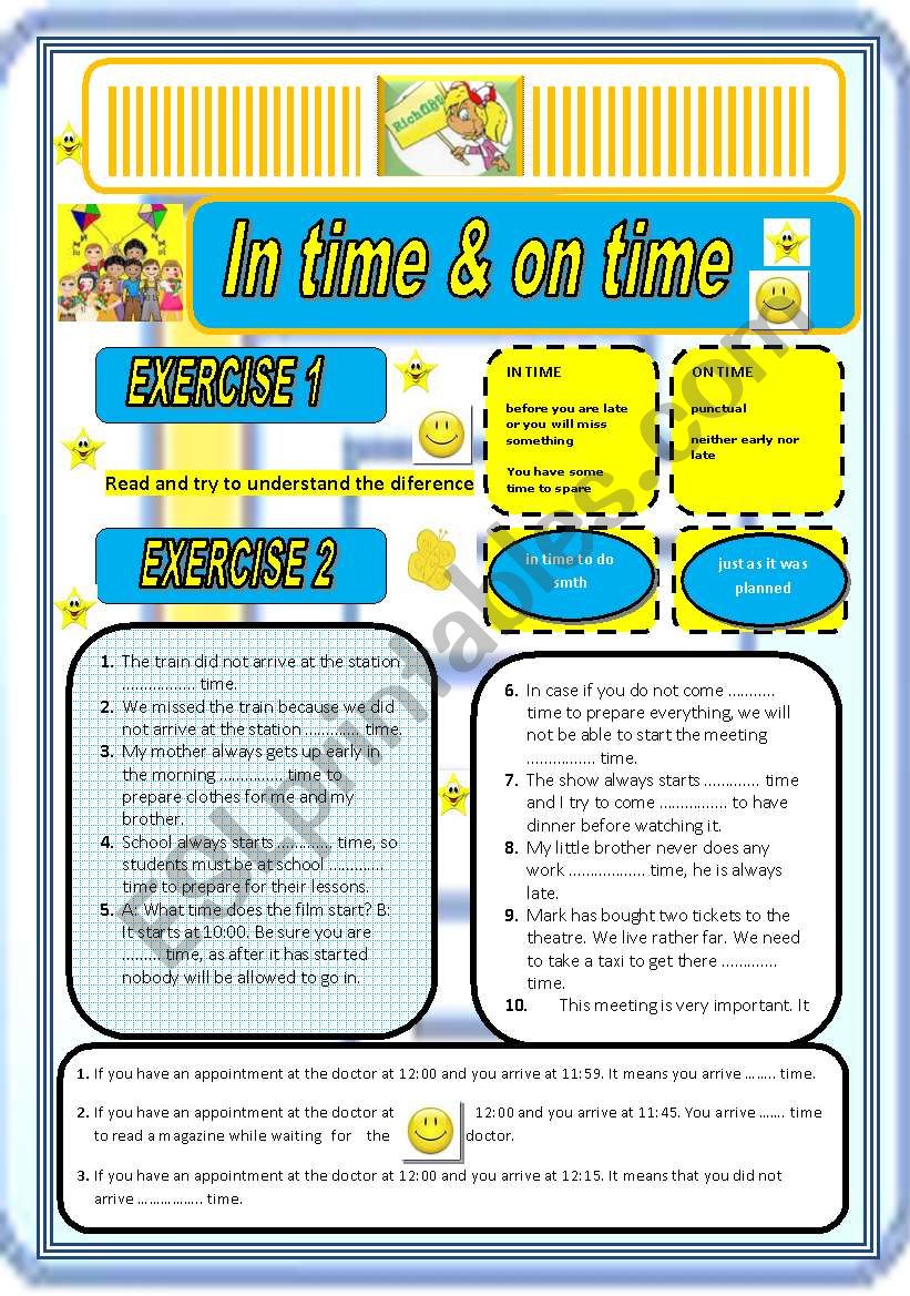 IN time or ON time? worksheet